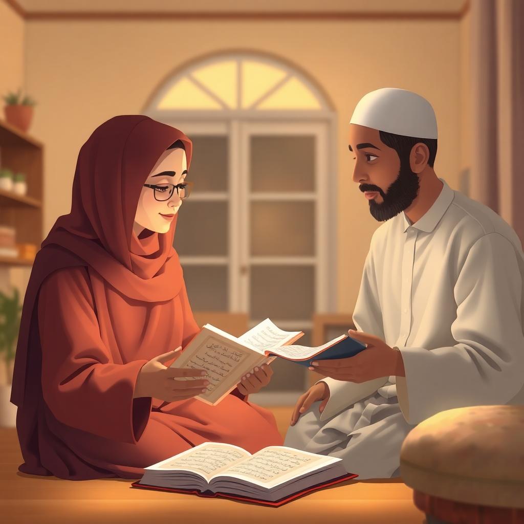 Person reading Quran with neighbor, sharing an intimate moment of mindful service in a cozy home