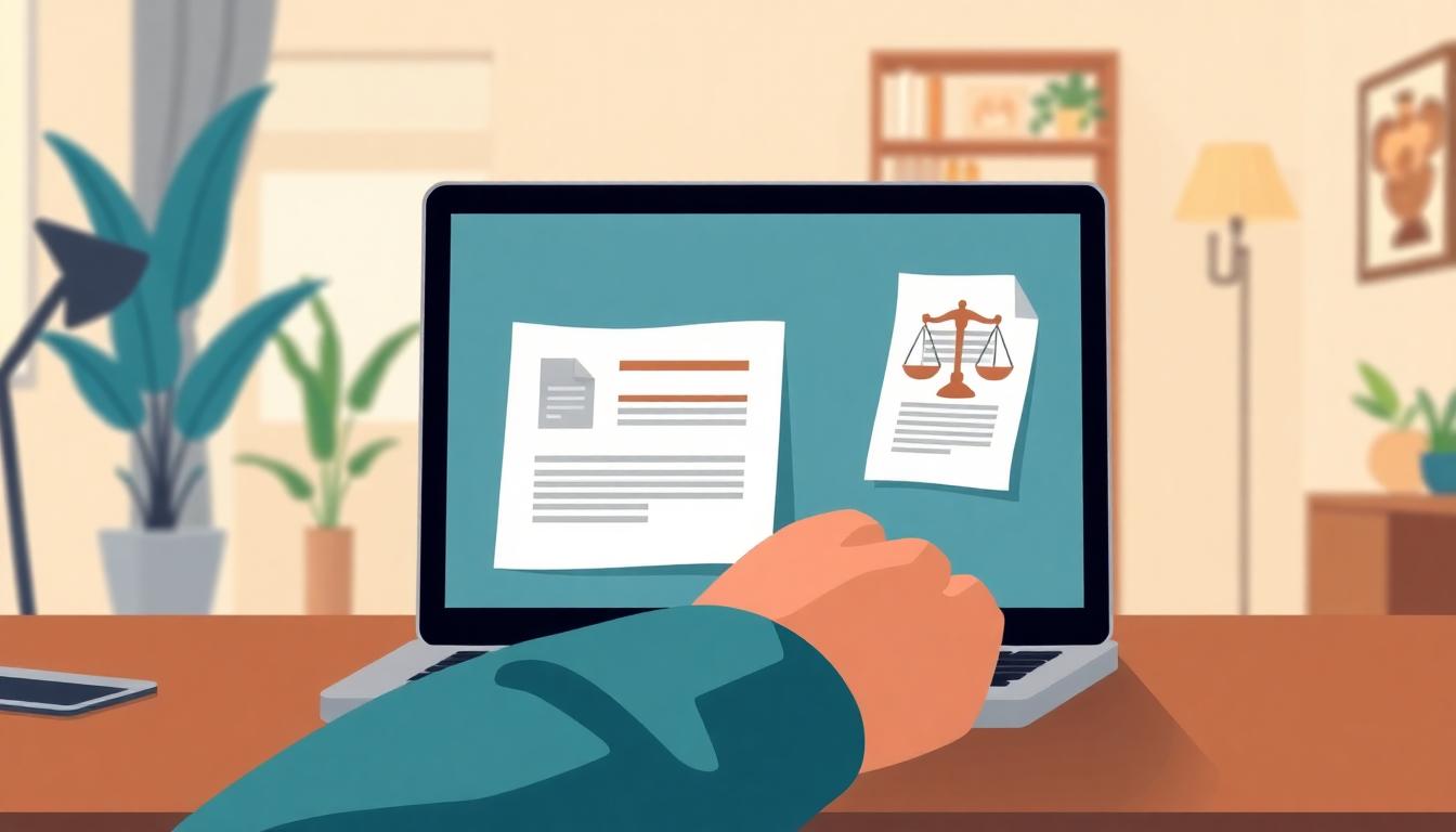 Person checking a copyright takedown notice on a laptop, with a digital legal document on screen and a legal scale icon nearby in a modern home office
