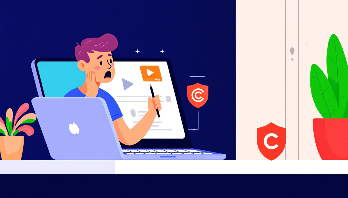 A person watching a video on a laptop with copyright protection symbols around, symbolizing safe reaction content creation