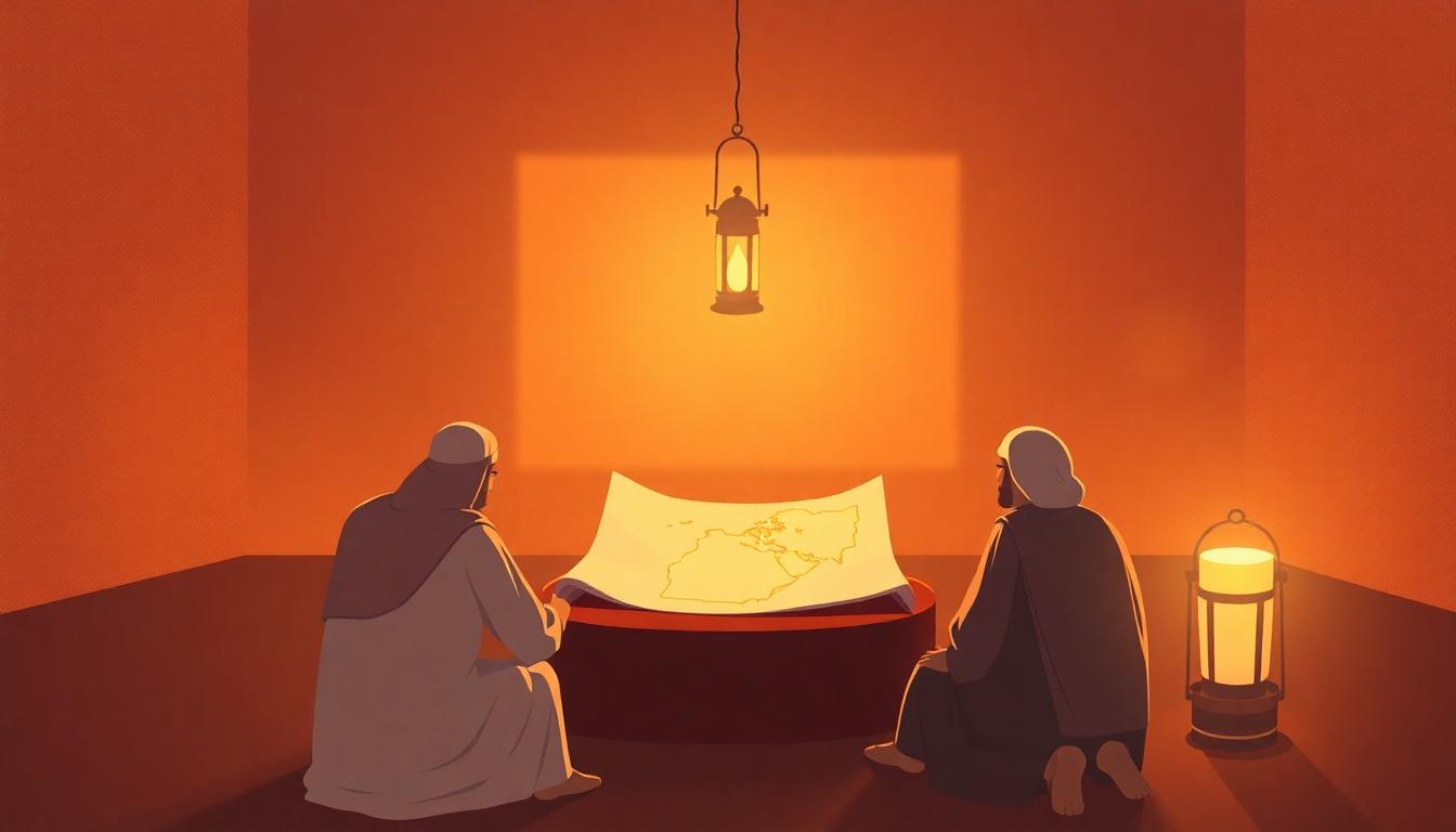 Abstract representation of Prophet Muhammad’s political and religious leadership with parchment, map, and desert council symbolism