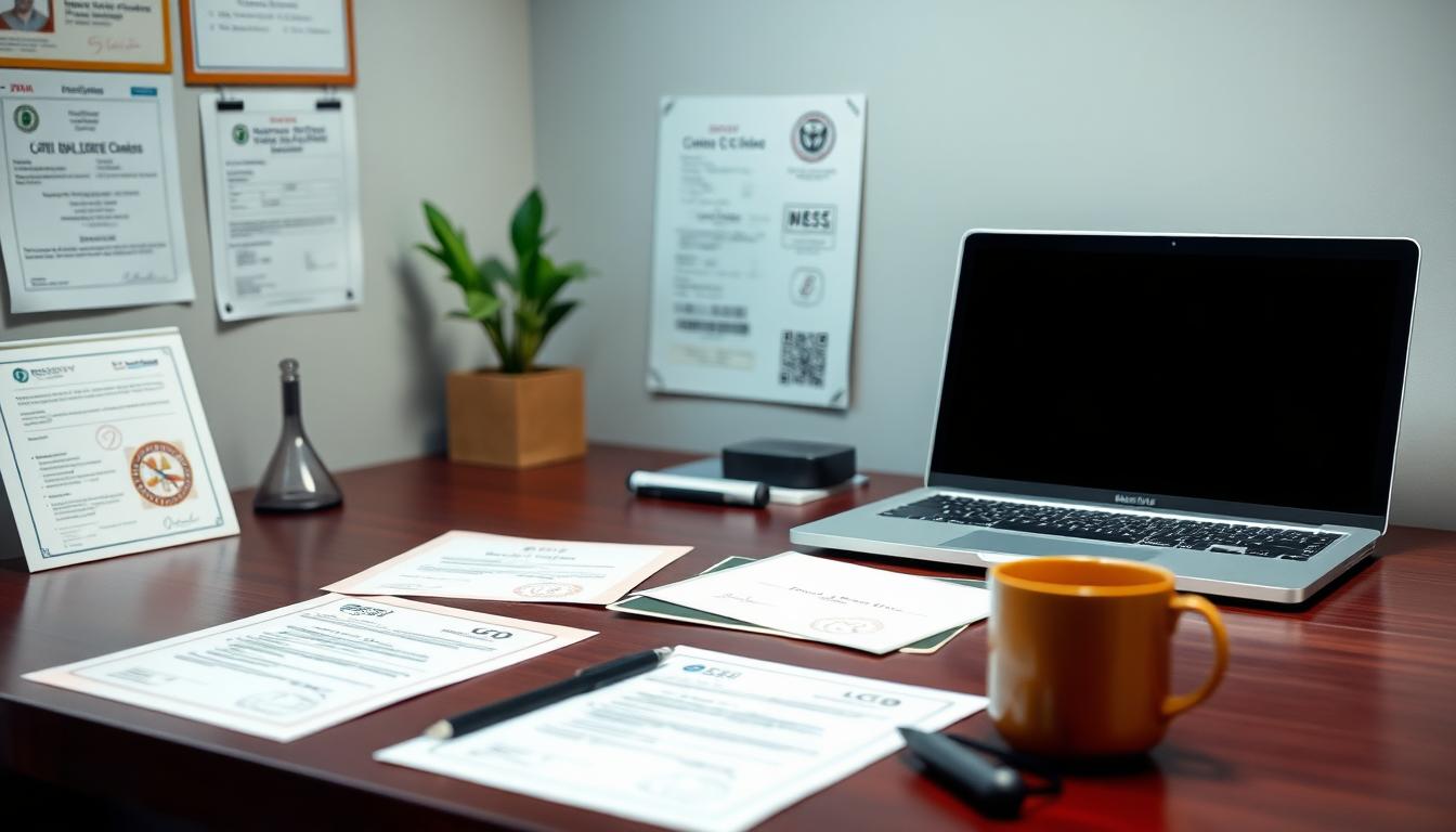 A neat desk with licensing documents, permission stamps, and a laptop, professional vibe