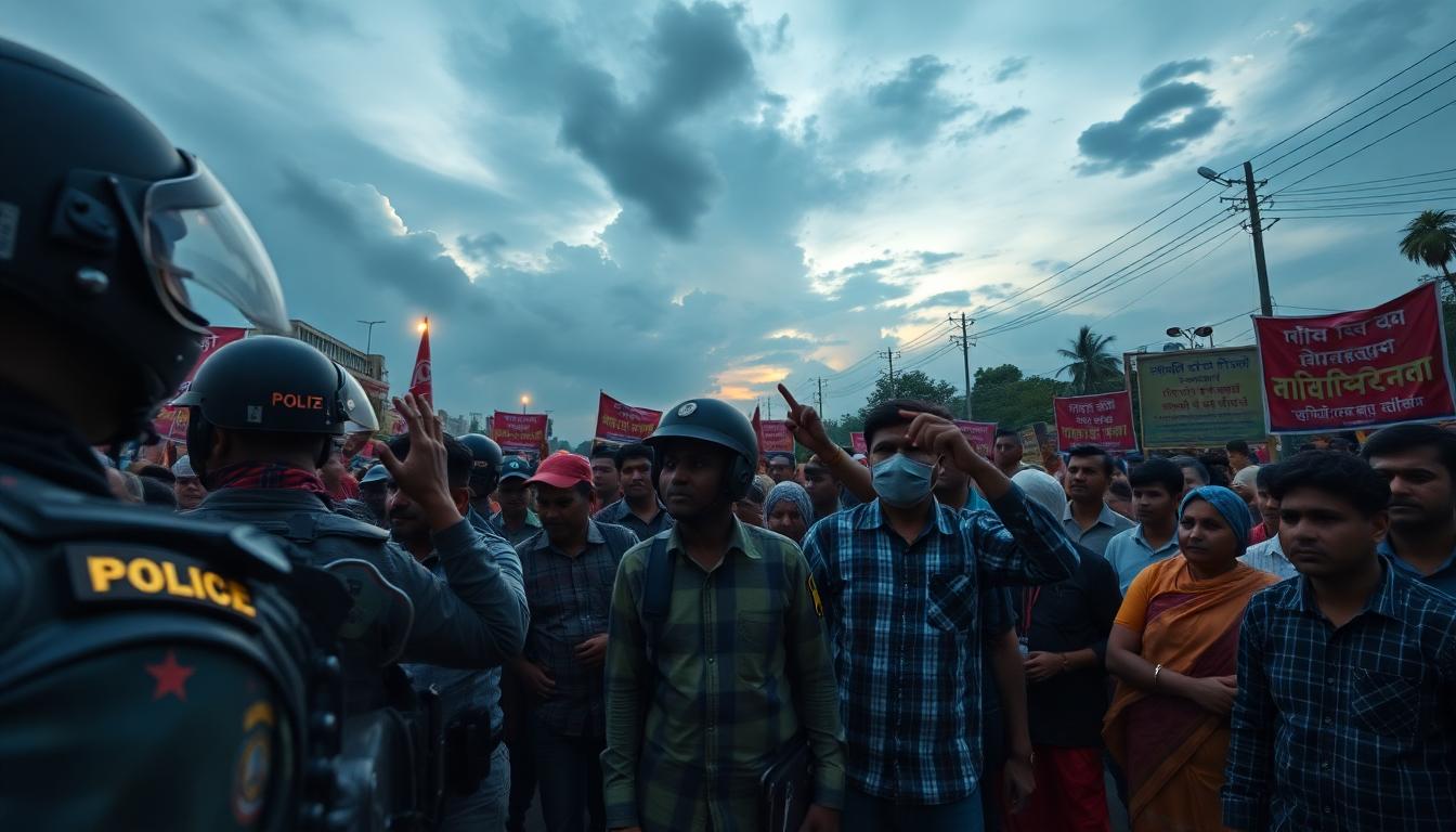 পুলিশ ও প্রতিবাদকারীদের মুখোমুখি, মাঠের মাঝখানে উত্তেজনার মুহূর্ত, সামনে গাড়ি ও ব্যারিকেড। (Image created with AI)