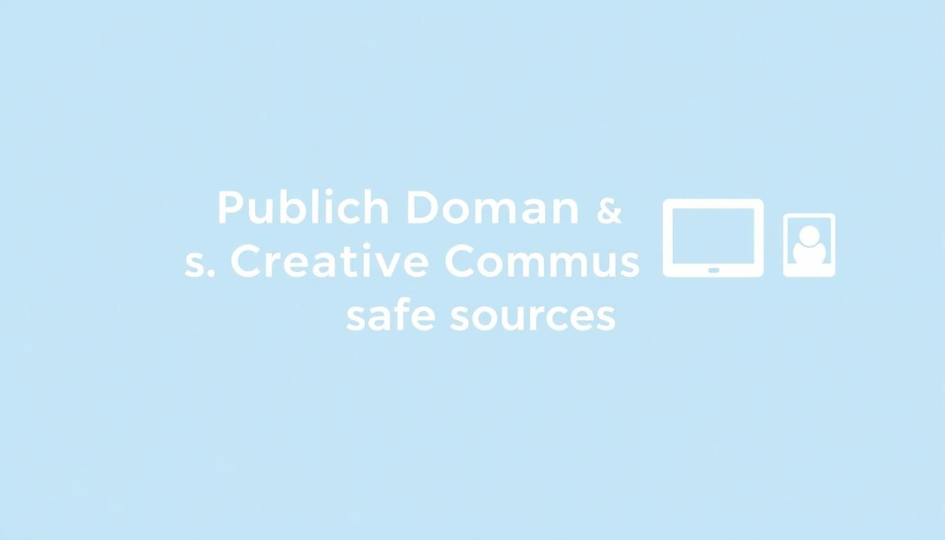 Icons for public domain, Creative Commons, and copyright-safe badges with music notes and photo frames in a clean, modern style.