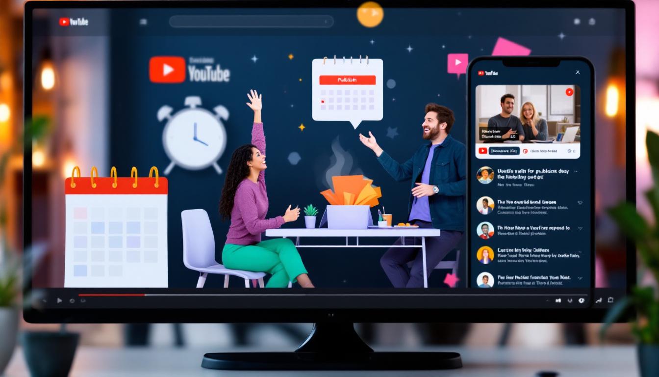 Publish day visuals with a clock, calendar, and two creators celebrating a release, YouTube UI on screen, cheerful atmosphere