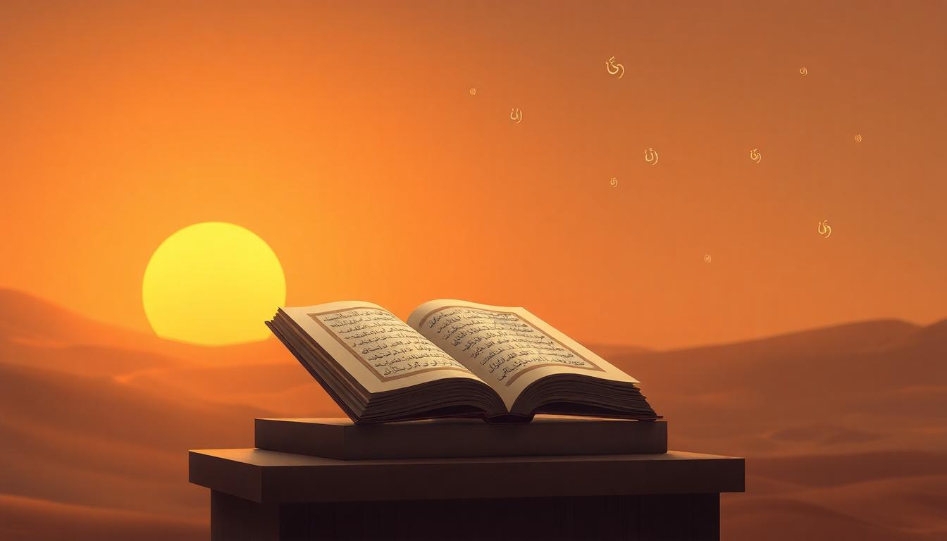 Abstract illustration of the Quran revelation at desert dawn