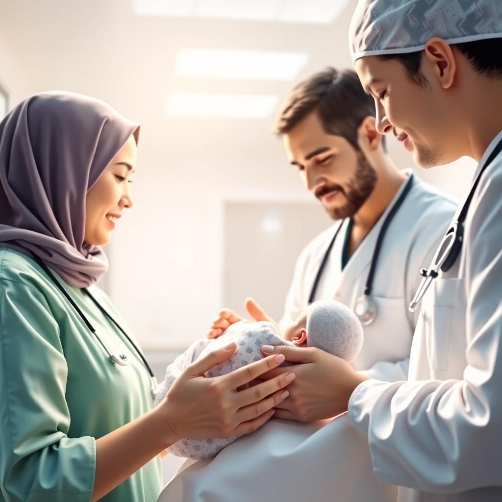 Doctors and nurses tending to a patient and caring for a newborn, symbolizing the sanctity of life and health in the Quran. Image created with AI.
