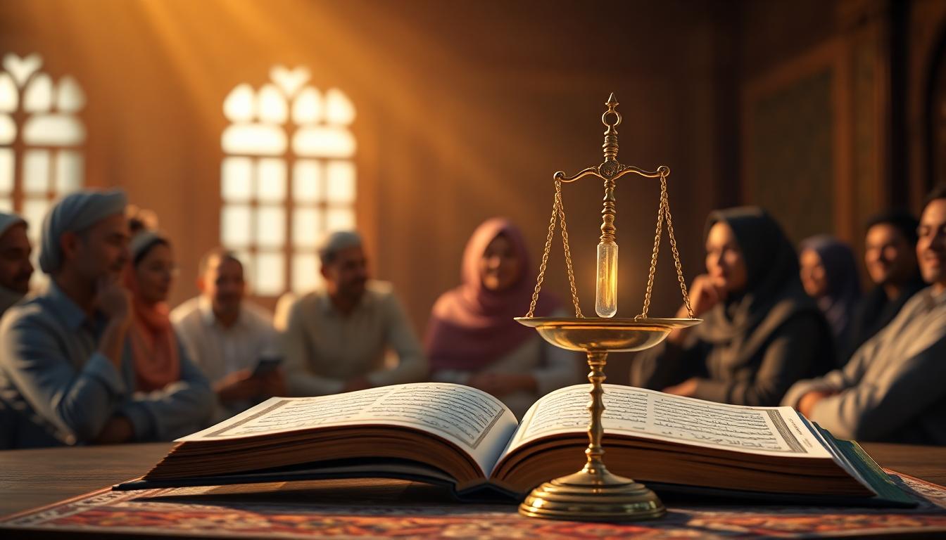 Diverse group discussing Quranic law and justice, with open Quran and scales symbolizing balance, modern setting, warm tones