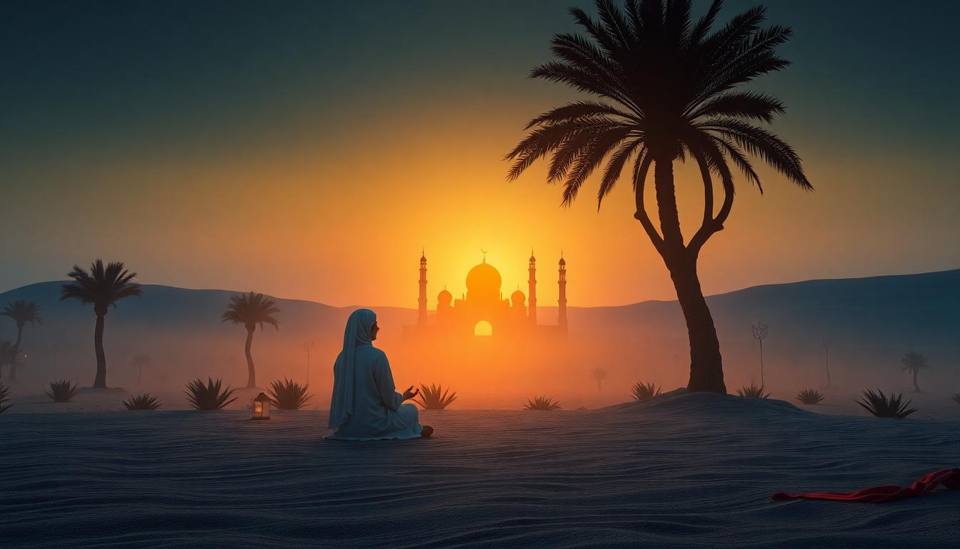 Rābi'a al-'Adawiyya meditating quietly in a desert garden at sunset, embodying spiritual calm and devotion. Image generated by AI.
