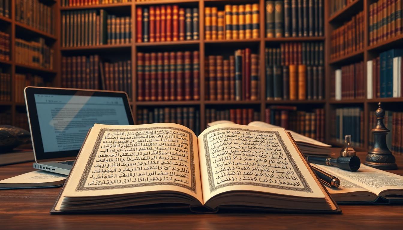 Detailed library with classic and modern Islamic texts on shelves, an open manuscript, and study materials