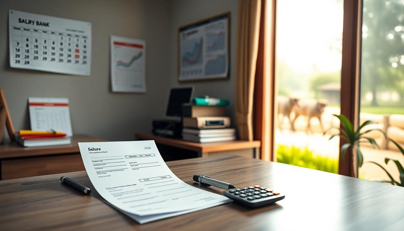 A desk in a rural Indian bank office, with a salary slip, calculator, pen, calendar and charts illustrating salary growth and career path; the scene has a hopeful, stable mood.