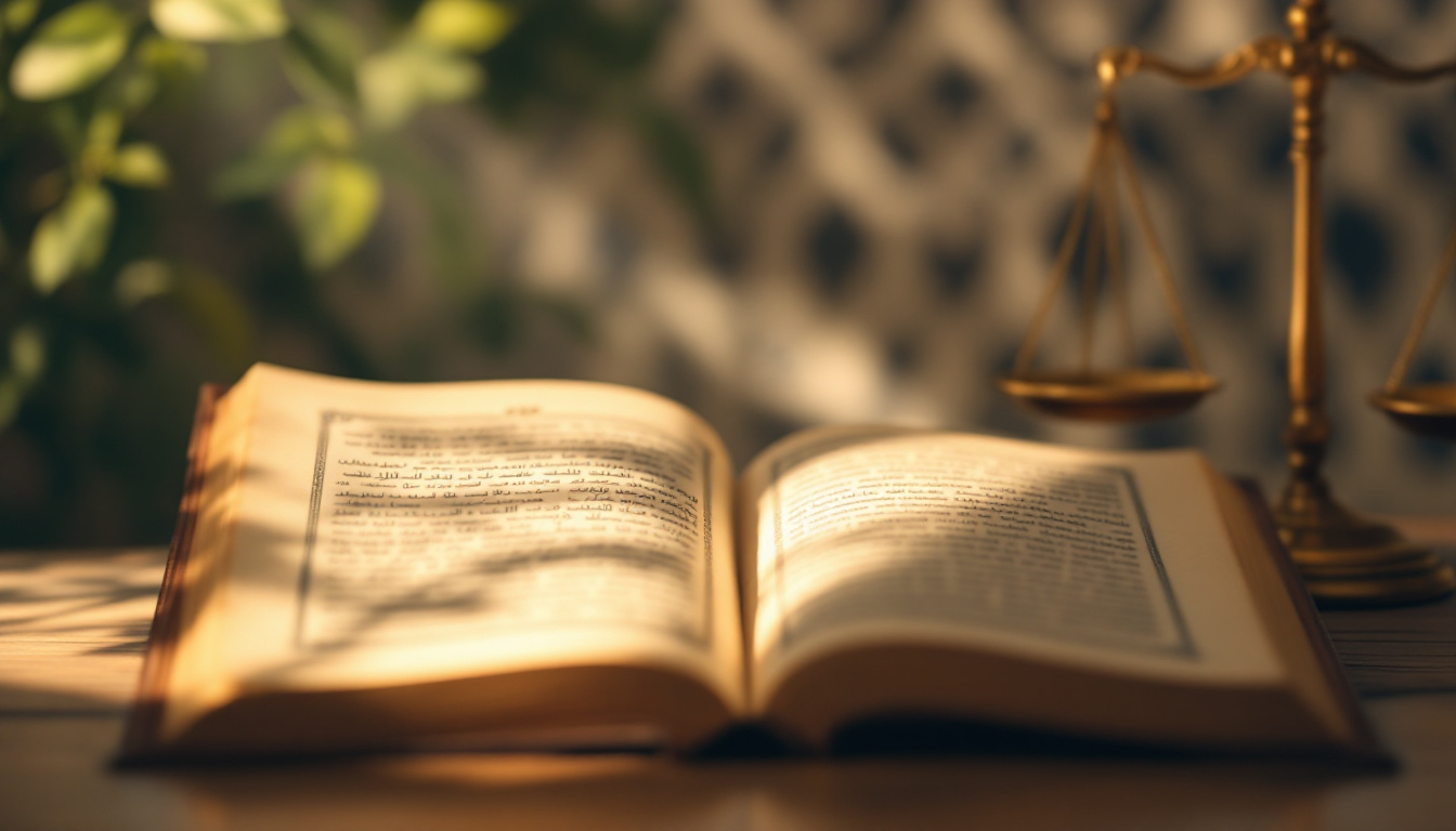 Open Quran on wooden desk with scales of justice, symbolizing foundations of Muslim law