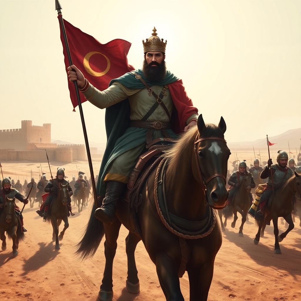 A regal portrait of Salah ad-Din on horseback leading a medieval army across a sunlit desert battlefield. He holds the reins with calm authority, a banner bearing a crescent waves behind him. Fortified walls loom in the distance as soldiers march forward. Image created with AI.