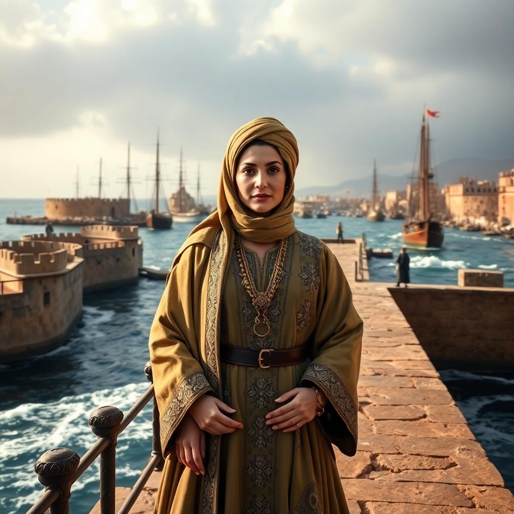 Sayyida al-Hurra stands on a harbor pier of Tetouan wearing Moroccan royal robes, with ships in the background ready for naval campaigns. Image generated by AI for Hidden Women of Muslim History Everyone Should Know.