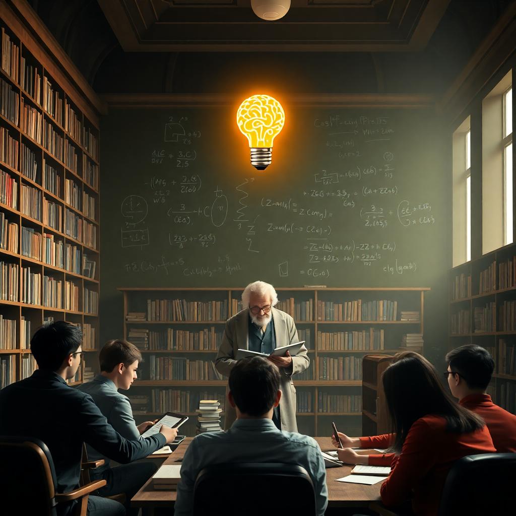 A scholar in a library with glowing books and a brain-shaped icon, expressing the Quranic encouragement to learn and protect the mind. Image created with AI.