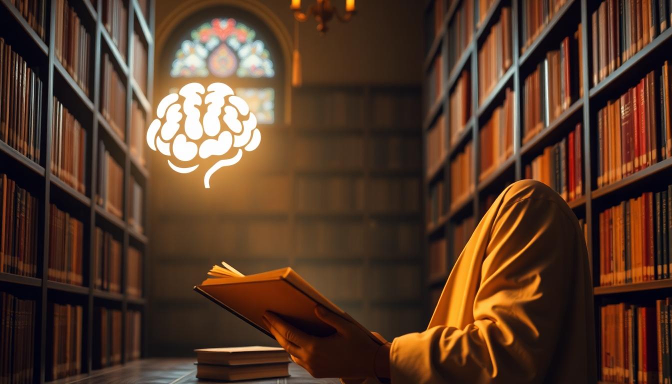 A scholar in a quiet library, surrounded by glowing books and a subtle brain icon, illustrating intellect and the quest for knowledge. Image created with AI.