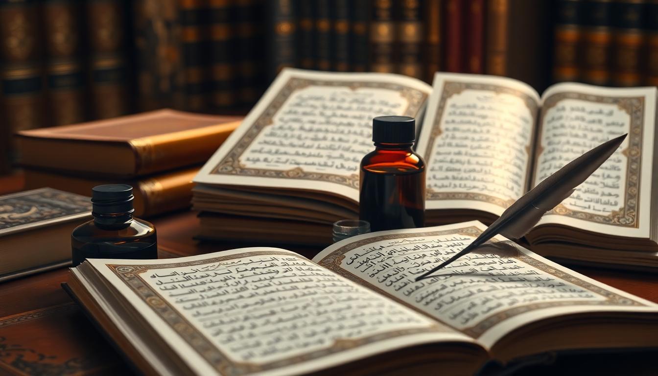 Scholarly desk with Sahih al-Bukhari manuscript