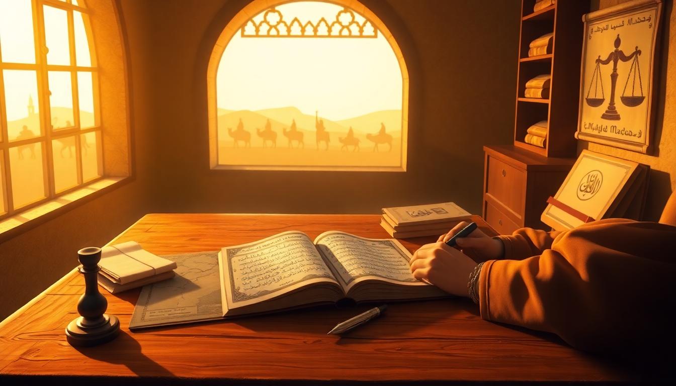 Scholar studying ancient texts with scrolls and Quran in a warm study room