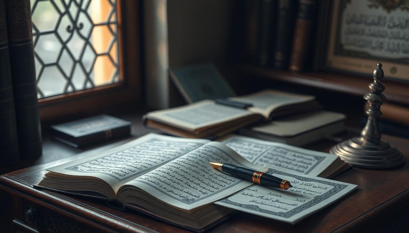 Scholars desk with fiqh texts and Sunan Abu Dawood