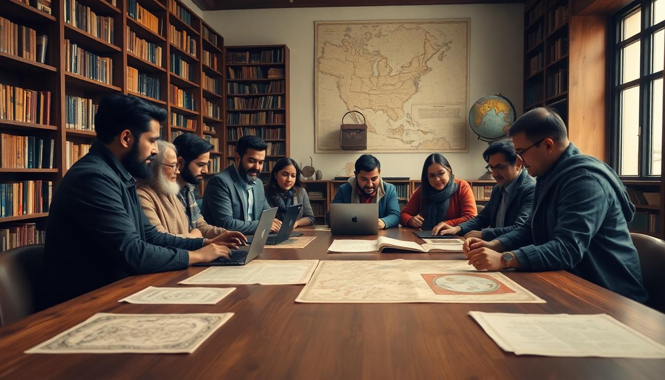 Diverse group of scholars collaborating around a large table, studying historic manuscripts and maps in a well-lit library setting