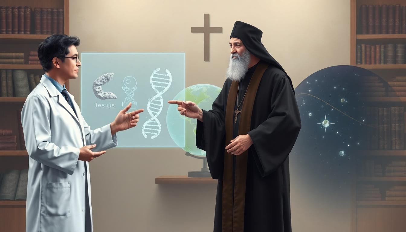 A scientist and a clergyperson stand together, discussing a glowing hologram of DNA, fossils, and the globe, with shelves of ancient texts and the cosmos in the background. The image conveys the ongoing dialogue between science and religion on deep questions. Image created with AI.
