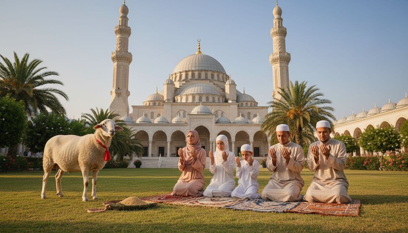 ঈদুল আজহার নামাজের পর পরিবারের প্রার্থনা, দূরে একটি মসজিদ এবং শান্ত পরিবেশ, সামনে প্রশান্তভাবে দাঁড়িয়ে থাকা কুরবানির পশু।