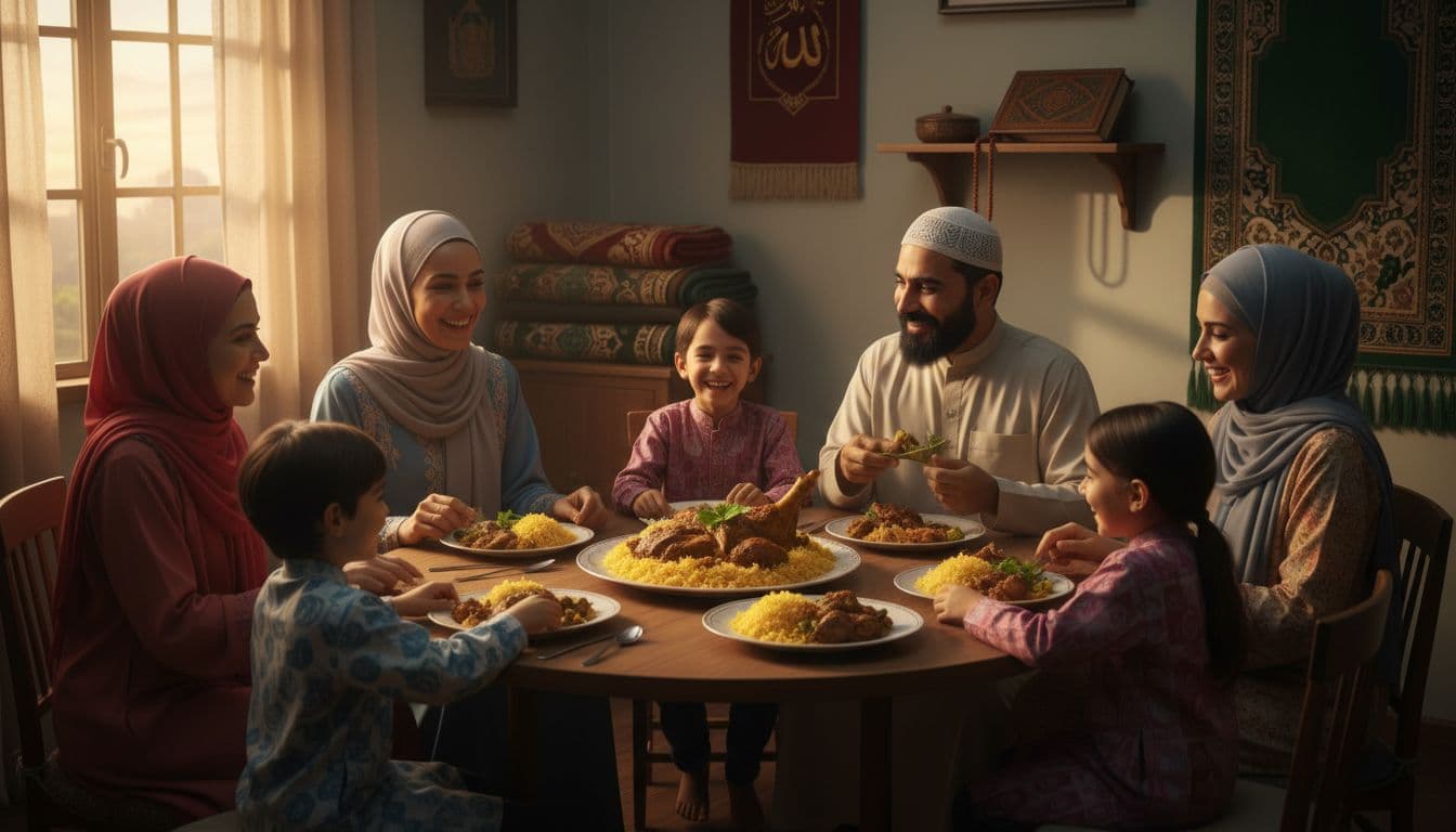 ঈদুল আযহায় পরিবারের সবাই একসাথে কুরবানির মাংস ভাগাভাগি করছে, উষ্ণ ঘরোয়া পরিবেশ, টেবিলে গরম ভাত ও মাংস, শিশুদের হাসি, প্রাপ্তবয়স্কদের কৃতজ্ঞ মুখভঙ্গি