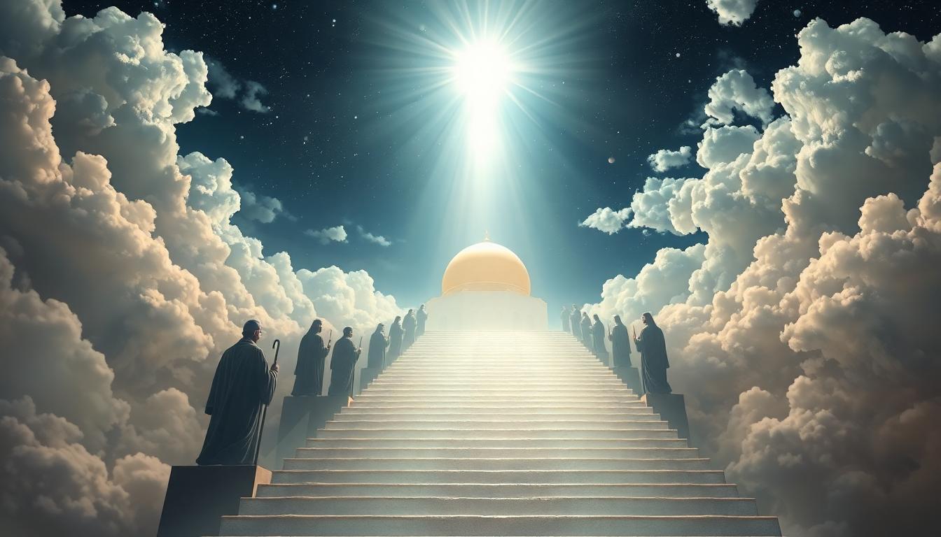 The ascent through the seven heavens during Mi'raj illustrating divine unity, the Sidrat al-Muntaha, and the delicate connection between the worlds