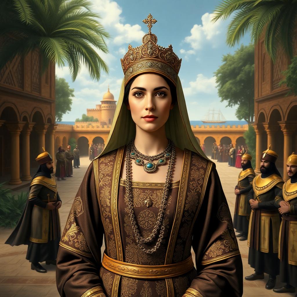 Shajar al-Durr standing confidently in a lush palace courtyard with Mamluk guards, symbolizing her political power during the Crusades. Image generated by AI for Hidden Women of Muslim History Everyone Should Know.