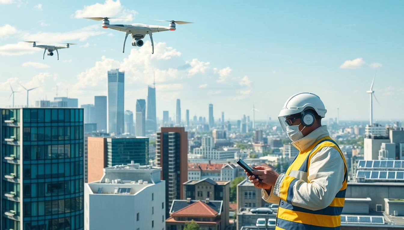 Smart city with pollution sensors, renewable energy, and green buildings showing environmental safety technology in action