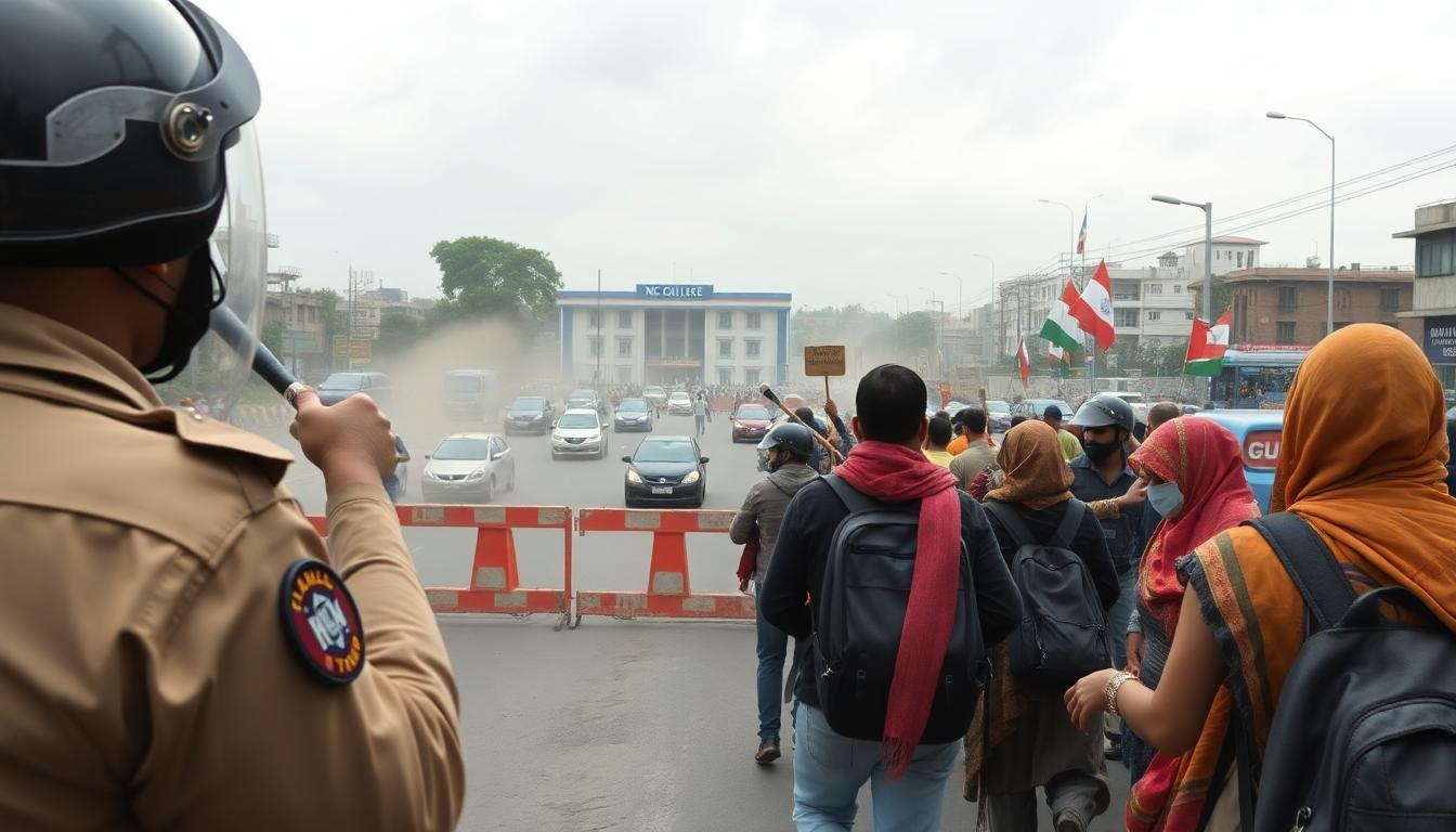 শ্রীভূমি (পূর্বতন করিমগঞ্জ) জেলার বদরপুরে ১২ ঘণ্টার বন্ধ চলাকালীন পুলিশের লাঠিচার্জ ও প্রতিবাদরত ছাত্রদের দৃশ্য। জাতীয় সড়ক অবরুদ্ধ, এন.সি. কলেজ-সংলগ্ন এলাকায় উত্তেজনা। Image created with AI