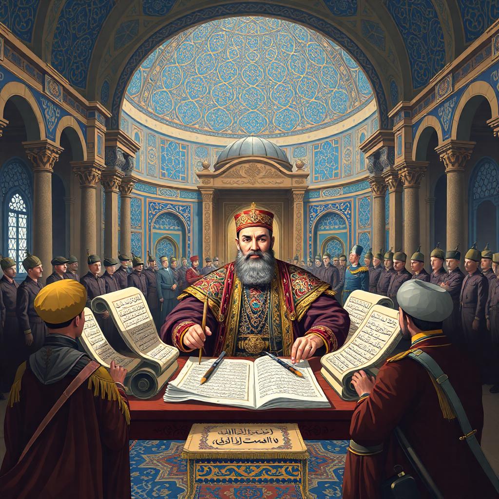 Suleiman the Magnificent seated in the Ottoman palace chamber surrounded by scholars and advisors, with scrolls and law books representing legal reform. The grand hall decorated with Ottoman tiles and motifs in the background. Image created with AI.