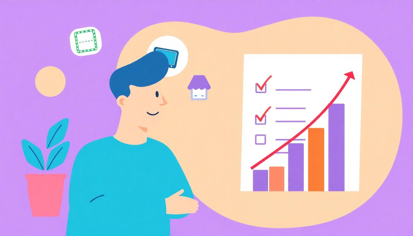Person calculating tariff impact on a shopping list with icons of electronics, clothing and groceries, alongside a rising bar graph, flat design and friendly colours