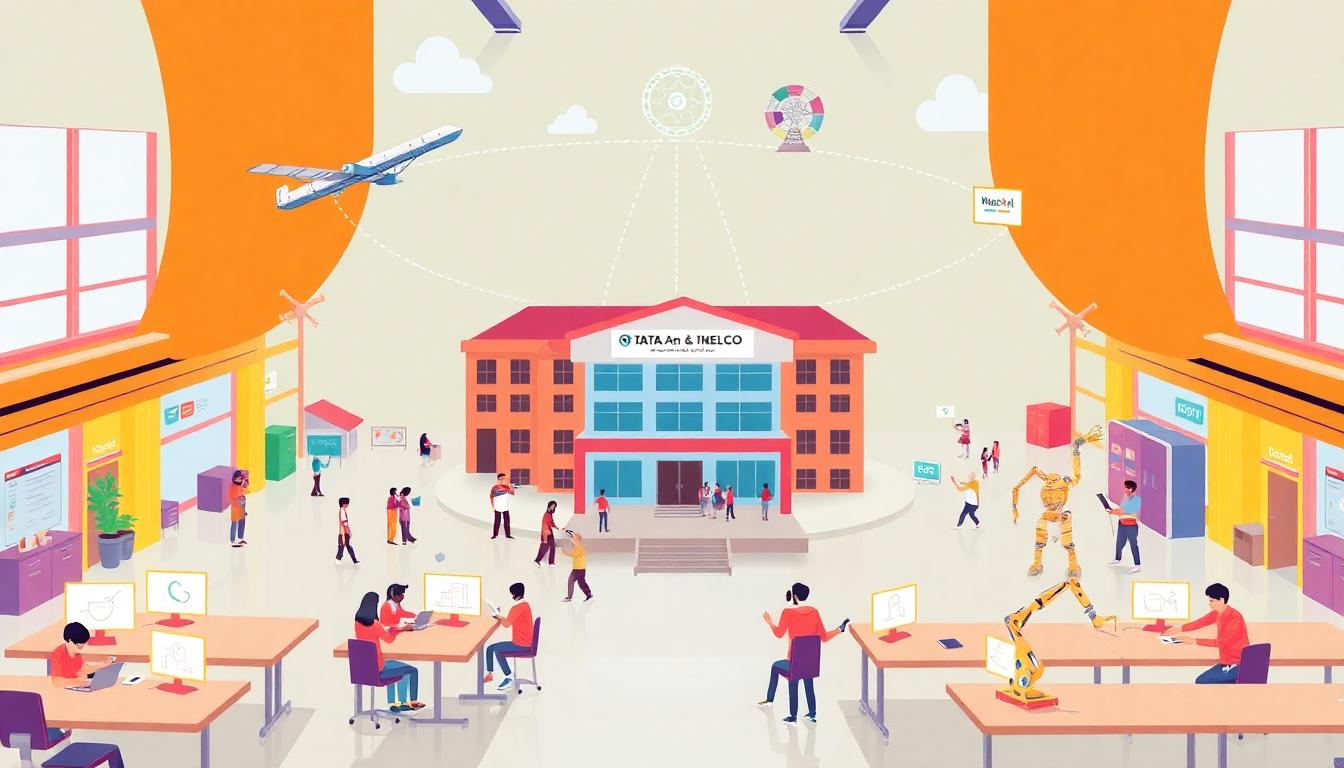 অসম সরকার এবং Tata-Nelco-এর যৌথ অর্থায়নে তৈরি আধুনিক স্কিল শিক্ষা প্রকল্পের ভিজ্যুয়াল, যেখানে কেন্দ্রীয় হাব স্কুল থেকে উপগ্রহ সংযোগে একাধিক স্পোক স্কুলে শিক্ষার্থীরা AI ও রোবোটিক্স শিখছে। ছবি তৈরি AI দ্বারা।