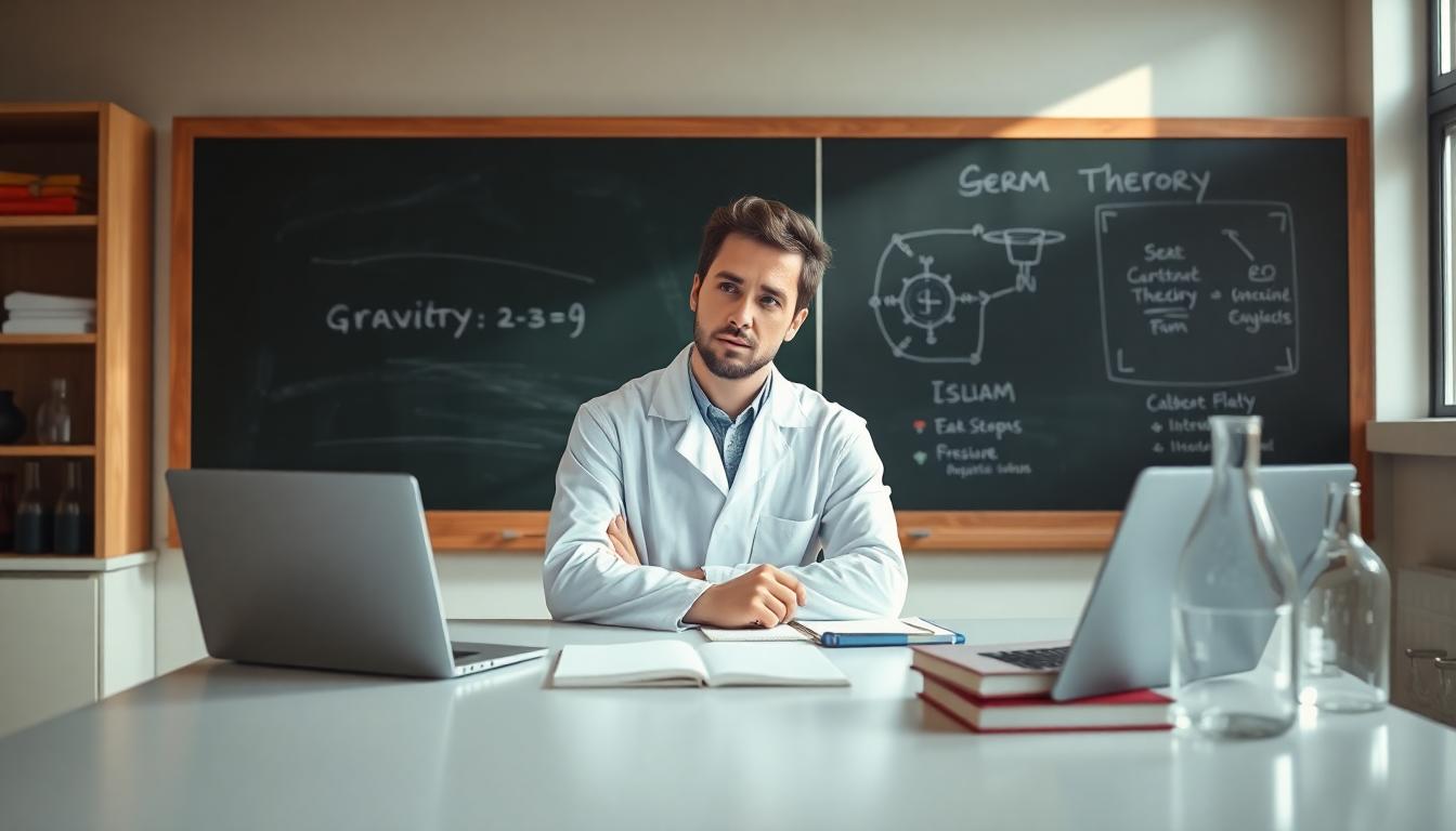 A thoughtful scientist analyzing data in a modern laboratory, a chalkboard in the background covered in simple scientific equations and diagrams. Light pours in, suggesting clarity and focus. Image created with AI.