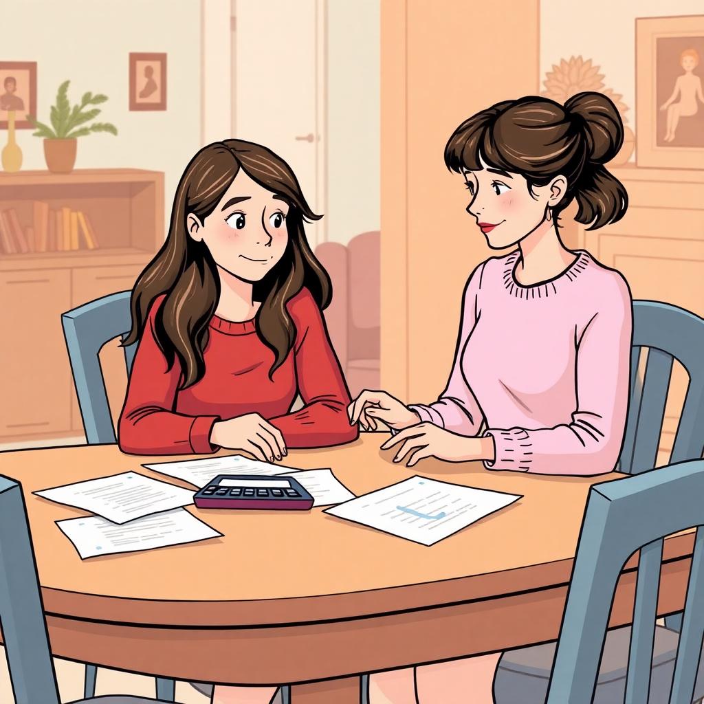 Two daughters sitting at a table with a calculator and papers, discussing inheritance shares. Warm home setting, clear lighting, modern illustration style. Image created with AI.
