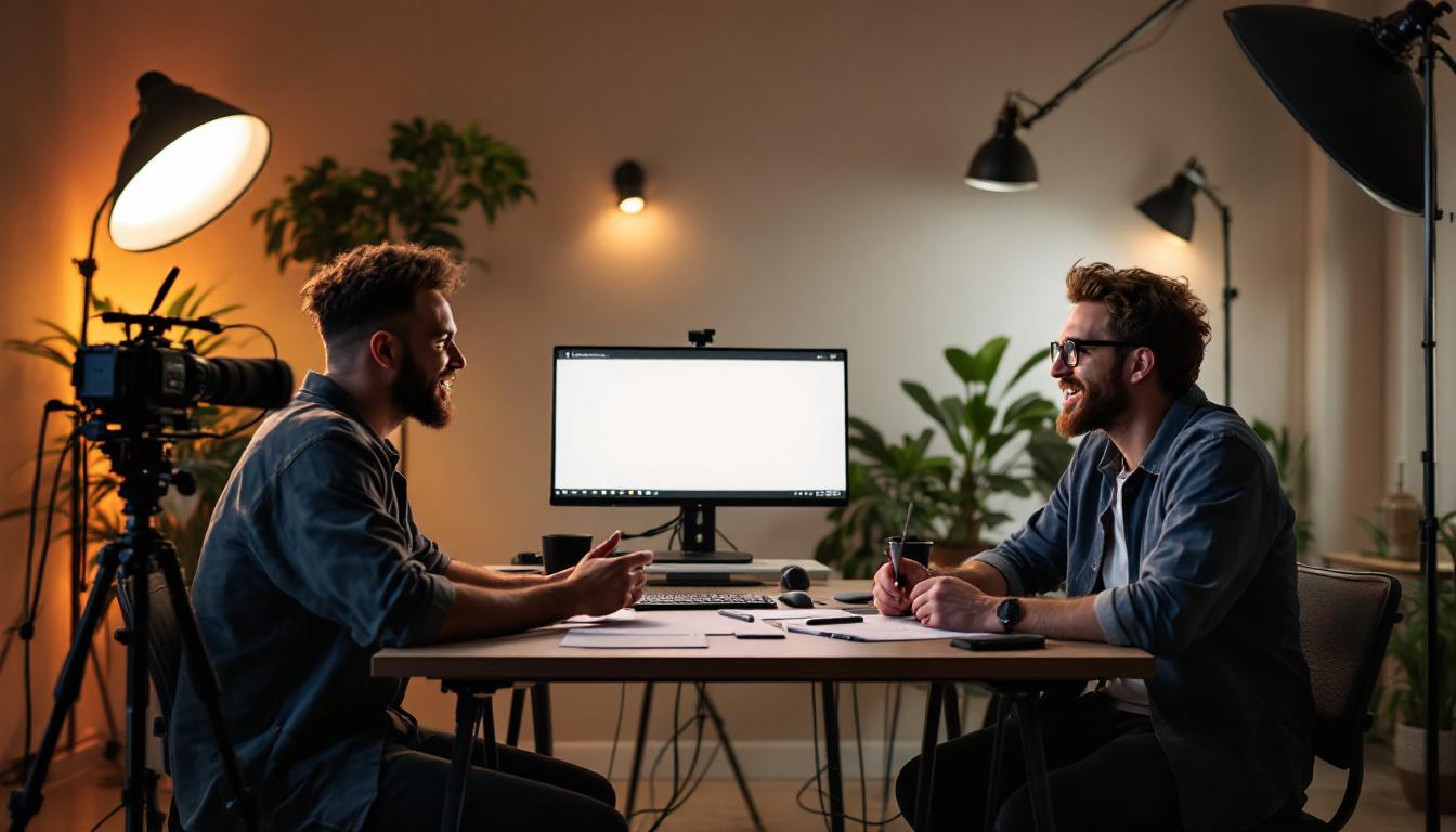 Two YouTubers filming a joint video in a modern studio, natural conversation, shared storyboard on the desk, cameras, boom mic, soft lighting, warm tones, casual yet professional atmosphere