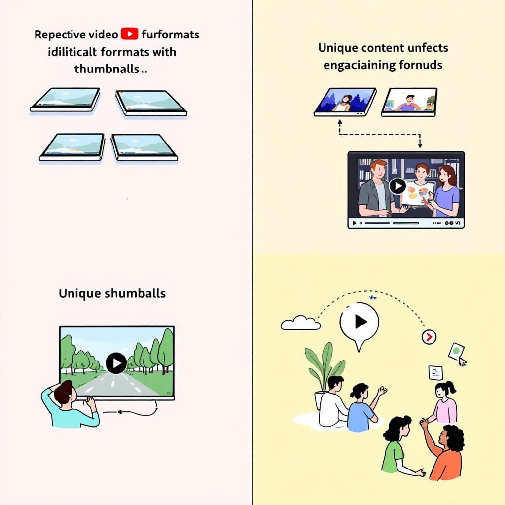 পুনরাবৃত্তি ও নতুন ভিডিও স্টাইলের তুলনামূলক ছবি, সাথে No Reuse সাইন - Image generated by AI