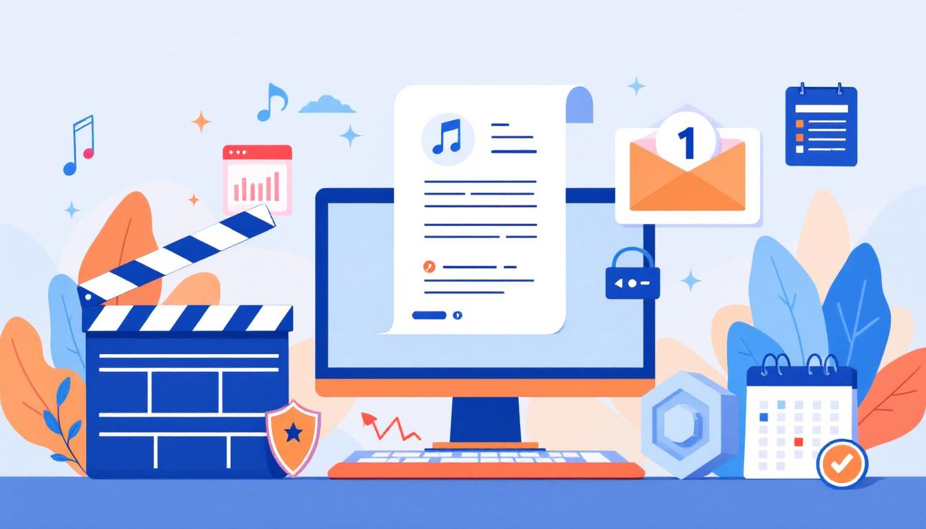 A creative illustration showing film clapperboard, music notes, graphics icons, a shield symbolizing protection, and a calendar representing license timelines. Image created with AI.
