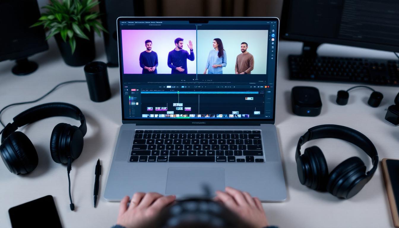 Editing setup showing a laptop with a video editing timeline, multiple clips from two creators, color grading tools, and a pair of headphones, hands on keyboard, clean desk