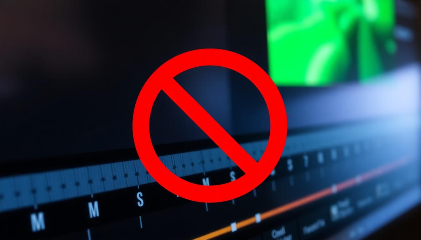 Close up on a video editing timeline with a red prohibition symbol over unlicensed video clips, demonstrating risks of unlicensed footage. Image created with AI.