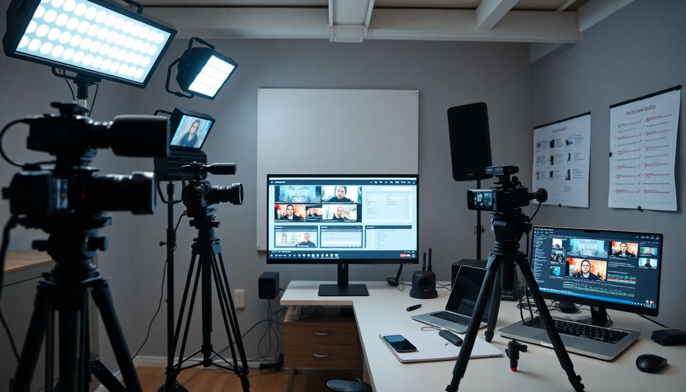 Video production setup with multiple cameras, lighting, and editing screens
