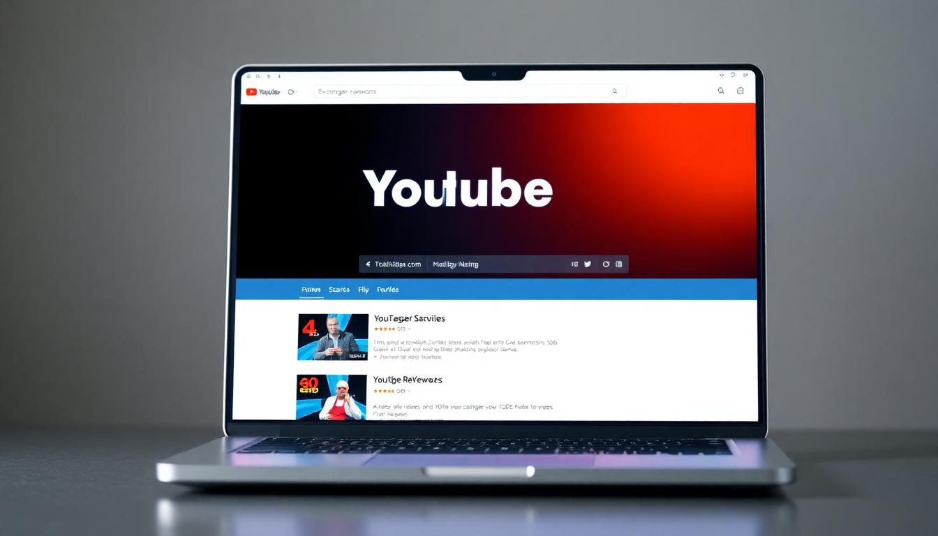 Laptop screen showing YouTube search results with highlighted keywords on a clean UI