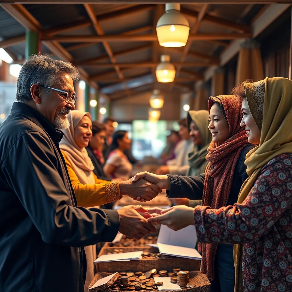 A warm market scene showing fair trade and respectful business interaction, diverse people shaking hands, coins and documents, bright but respectful lighting, AI-generated image