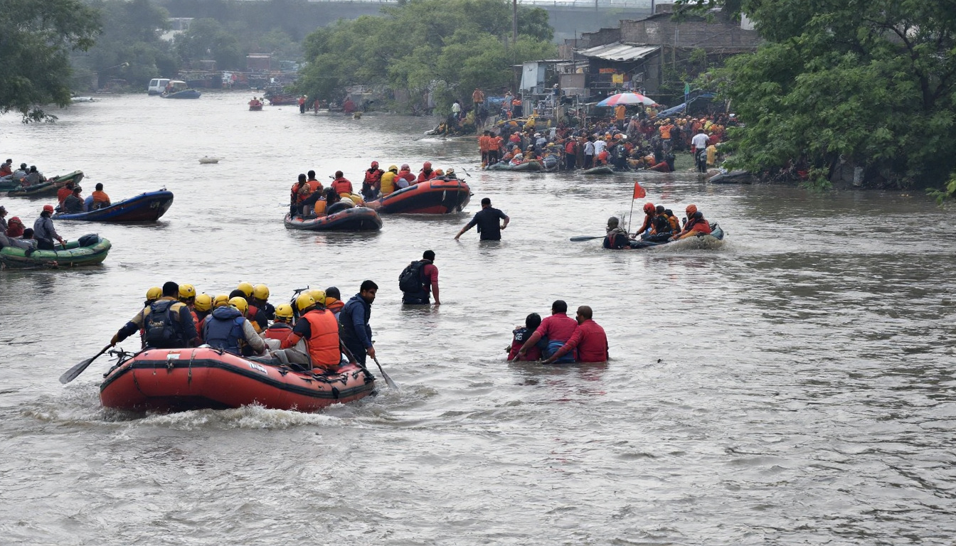 NDRF and emergency teams working with boats and evacuation centers to manage Yamuna floods in Delhi.