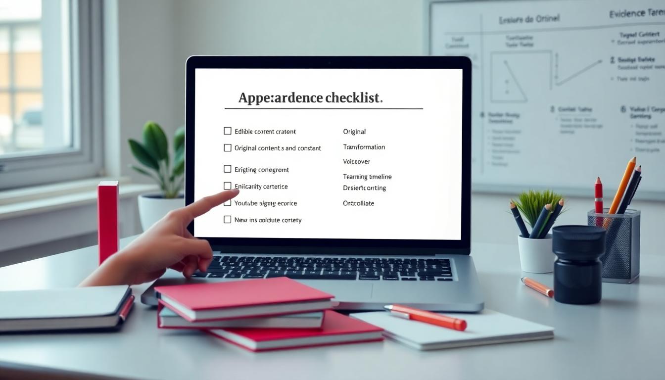 Desk with laptop, notes, and a checklist illustrating gathering of evidence for YouTube appeal preparation