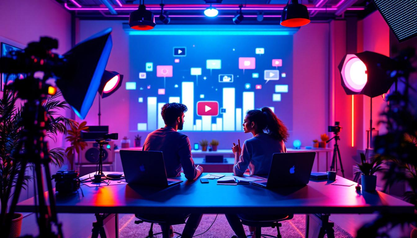 Two YouTubers planning collaboration together at a studio desk, surrounded by laptops and cameras, mapping out ideas - Image created with AI