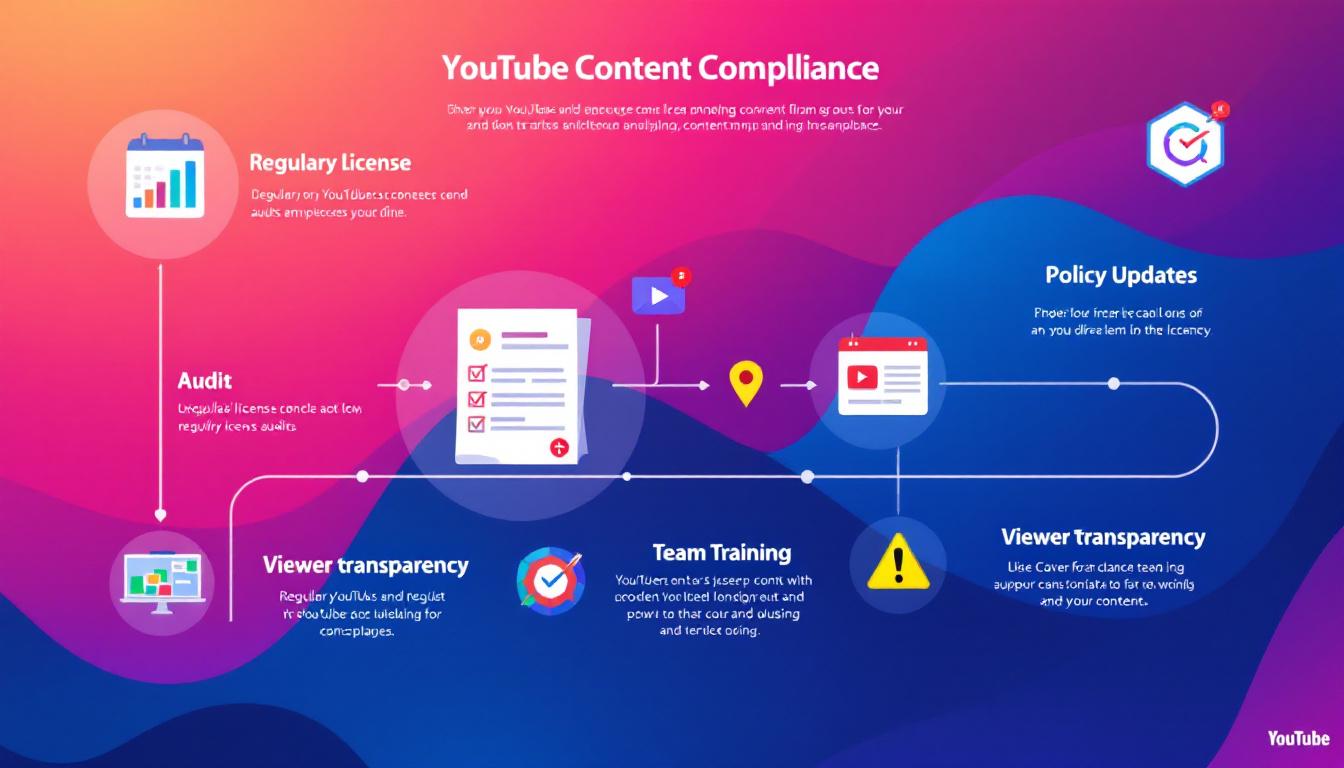 Illustration showing a smooth compliance workflow with license checks, contract updates, team training, and viewer notices, using icons for calendar, documents, people, and speech bubbles. Image created with AI.