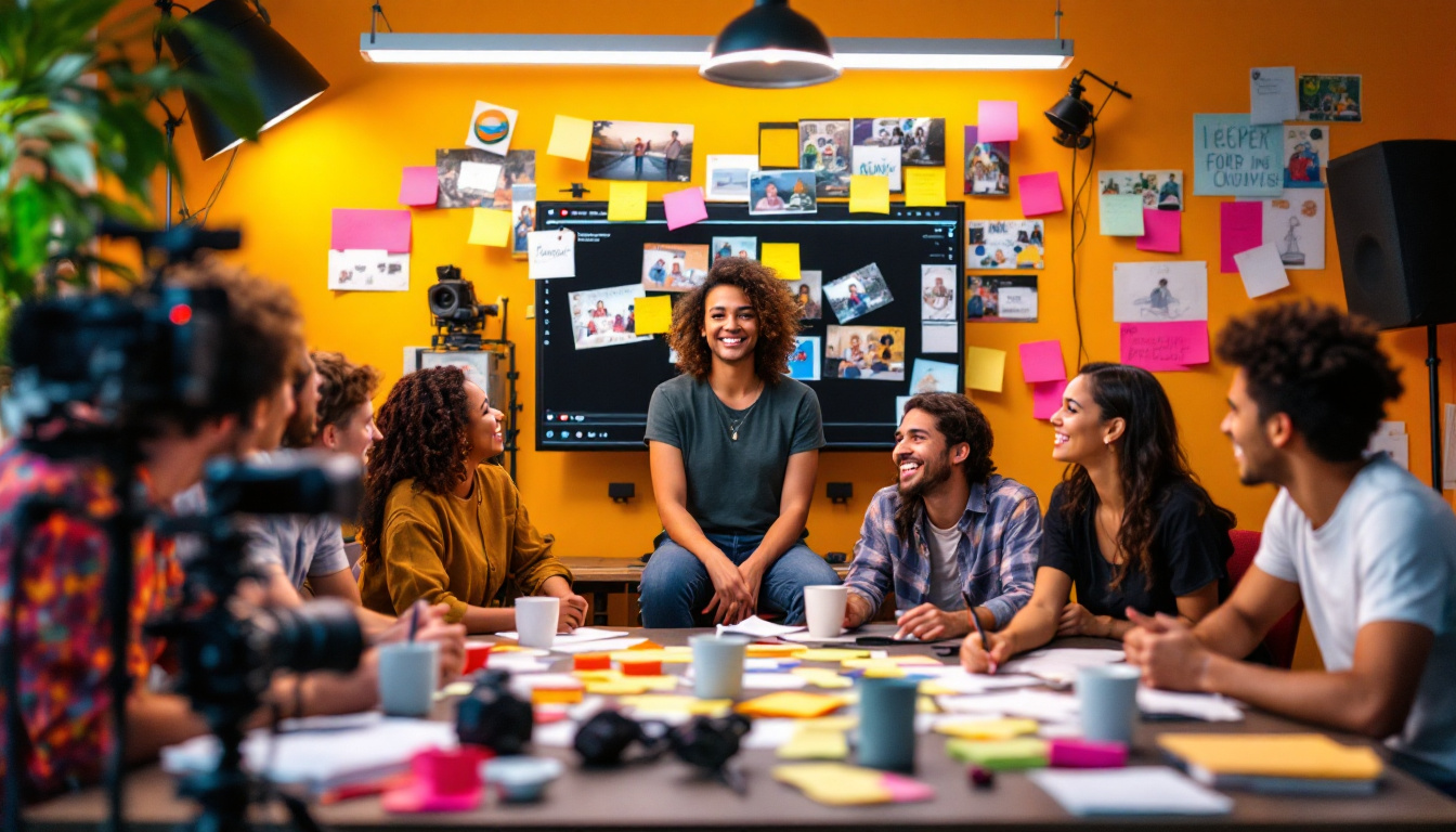 A dynamic YouTube studio scene with a creator and fans submitting videos, artwork, and comments. Post-it notes, camera gear, and screens show fan participation. Image created with AI.