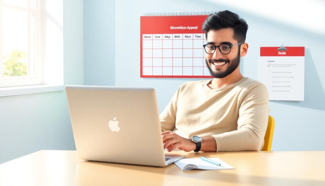 YouTube creator checking monetization appeal email on laptop with a checklist and calendar highlighting 14 day wait time on the desk