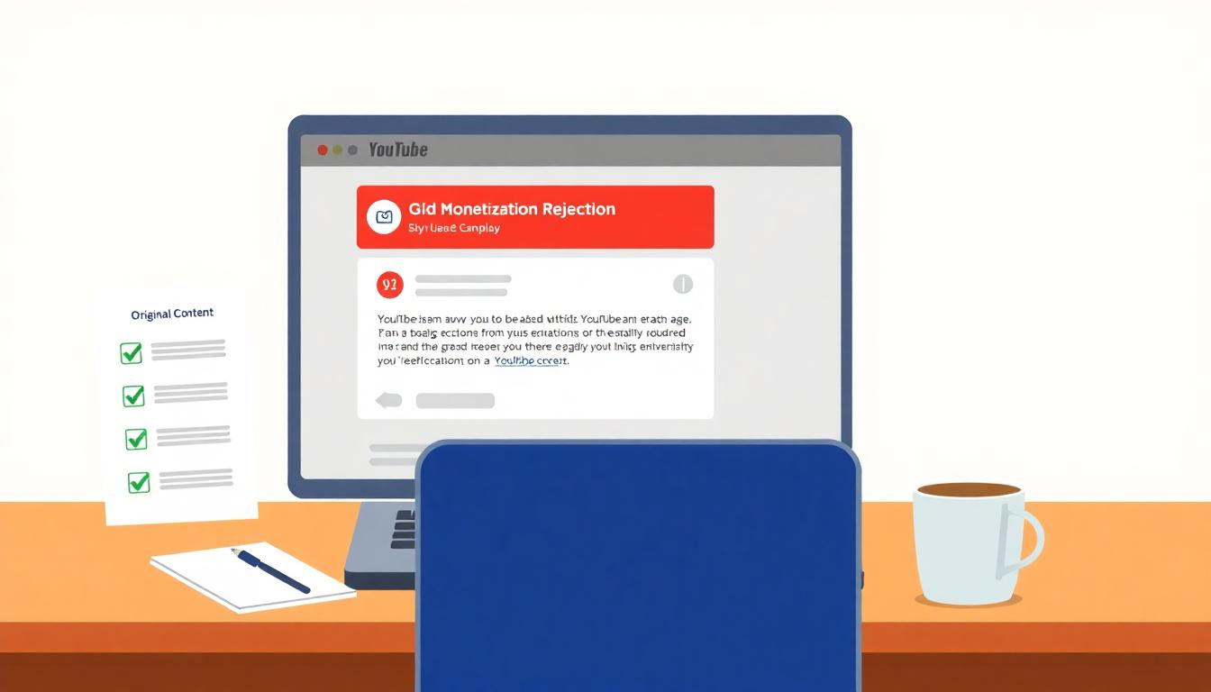 YouTube creator reviewing monetization rejection email on laptop with evidence documents on desk